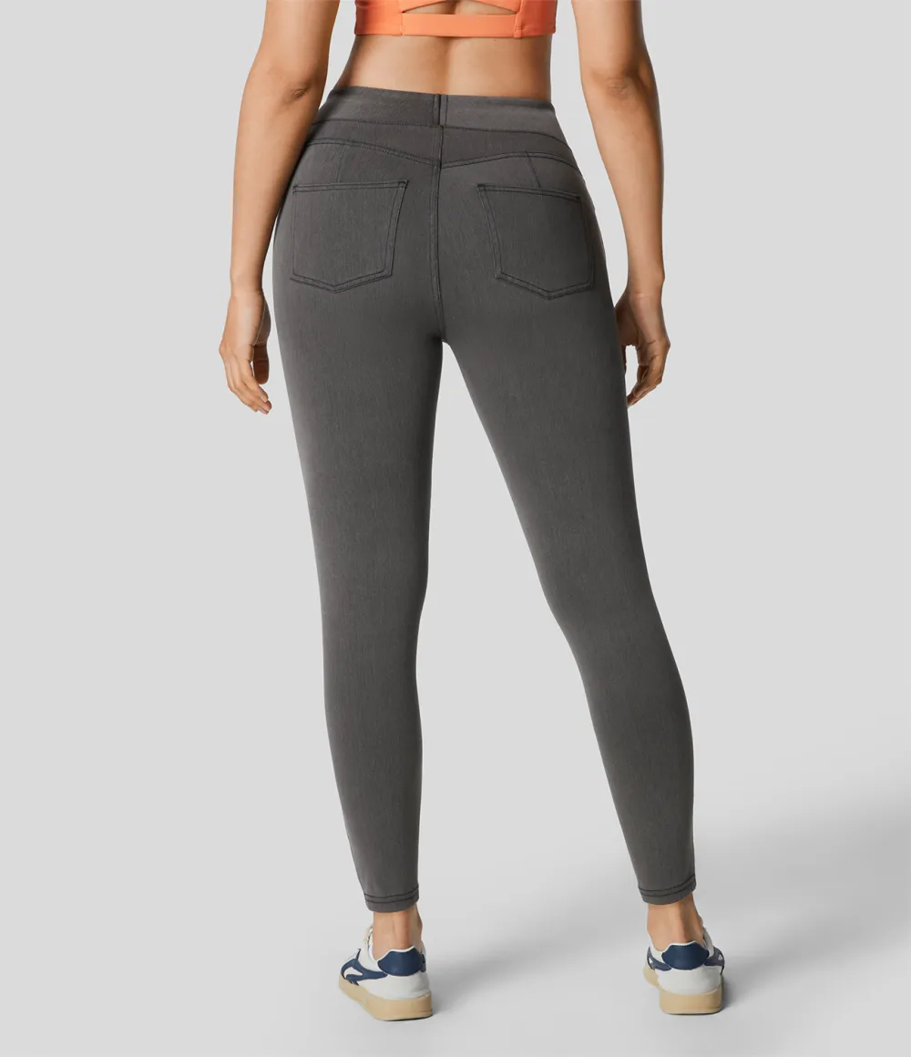 Magic Curvy High Waisted Decorative Button Multiple Pockets Stretchy Knit Denim Casual 7/8 Leggings