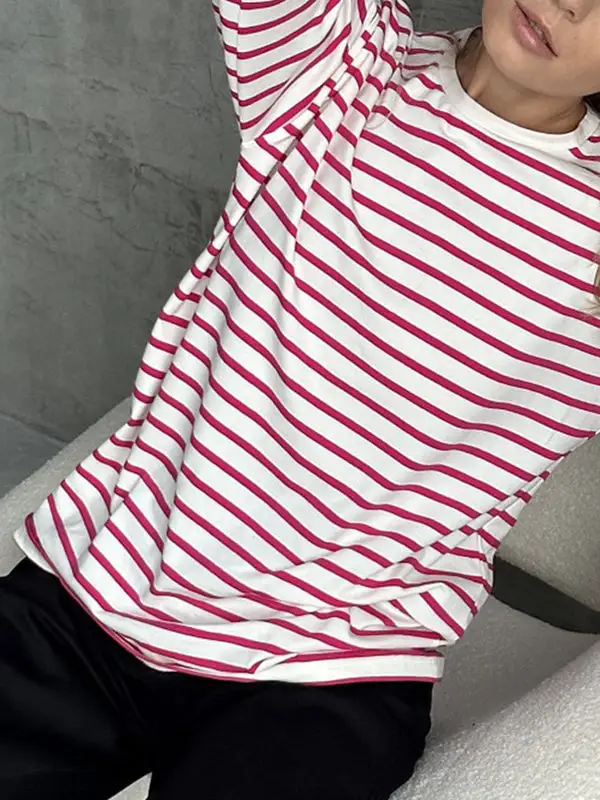 Long Sleeve Relaxed Stripe Round Neck T-Shirt