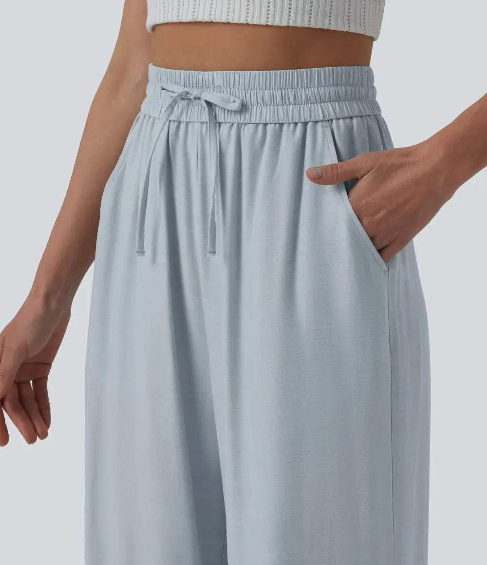2026🔥High Waisted Drawstring Wide Leg Casual Linen-Blend Trousers with Pockets