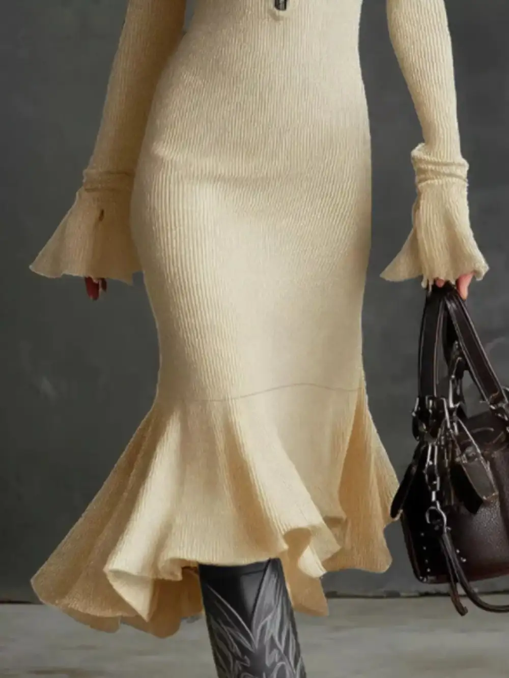 Ribbed Knit Zip Front Midi Dress