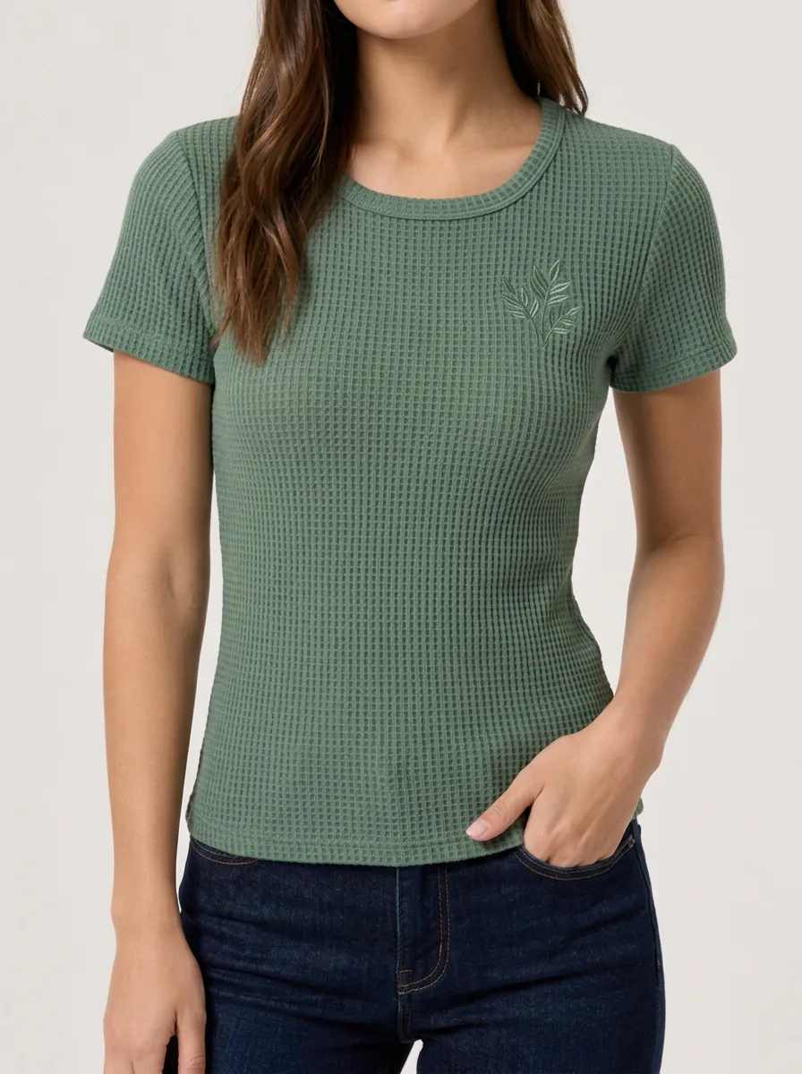Relaxed Everyday Nature Lover Leaf Embroidered Waffle Knit Top