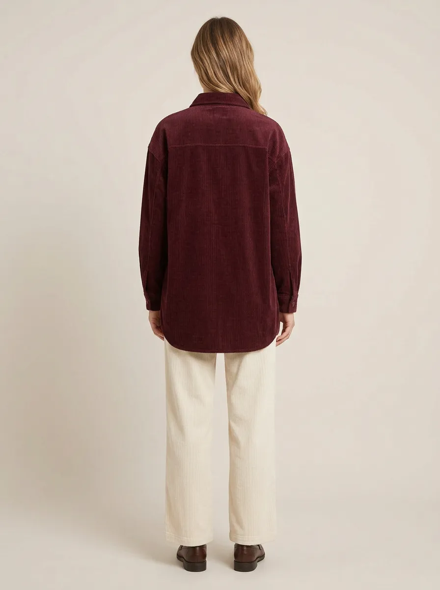 Women's Burgundy Oversized Corduroy Two-Pocket Shirt Jacket