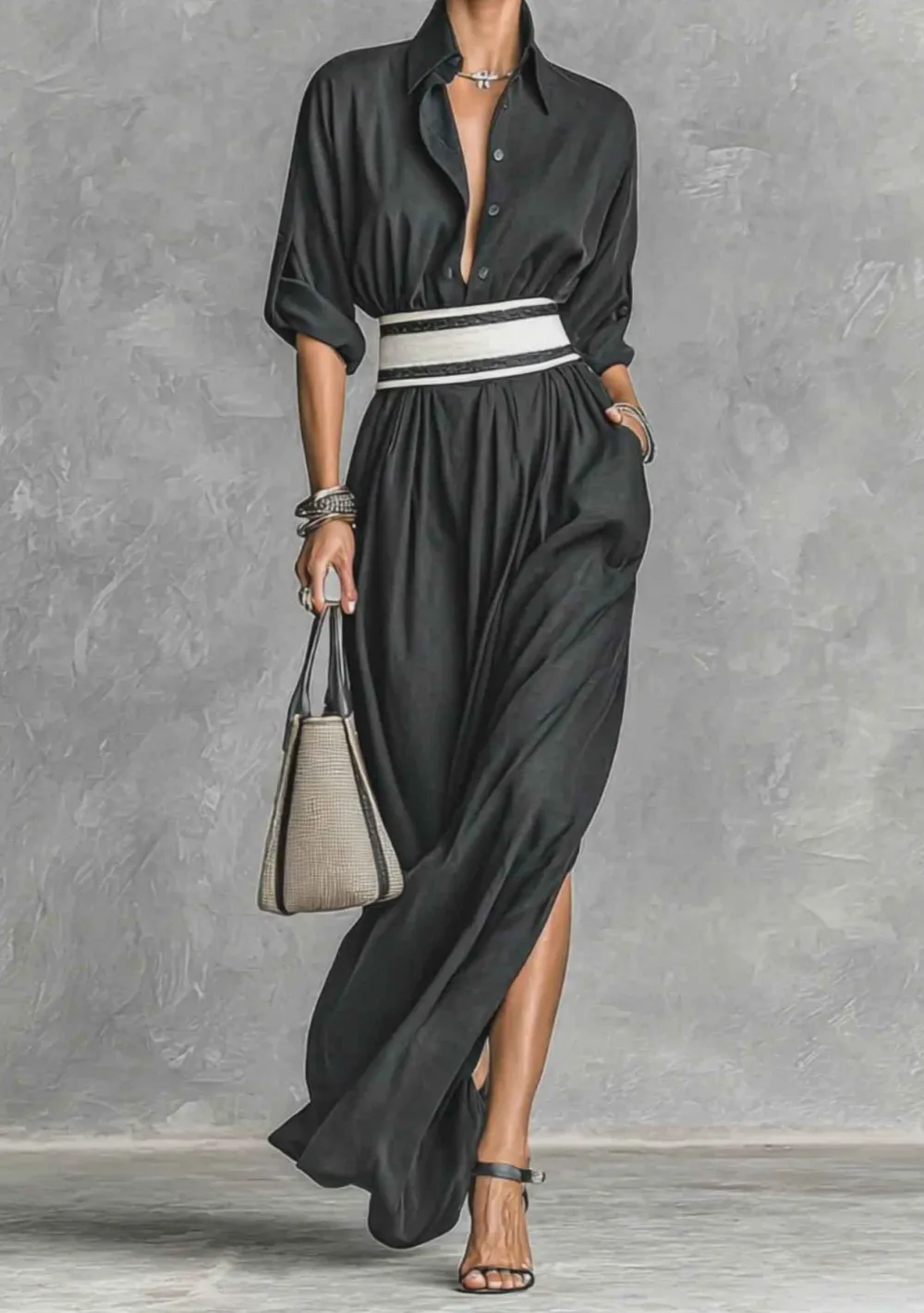 Casual Collared Single Breasted Maxi Dress