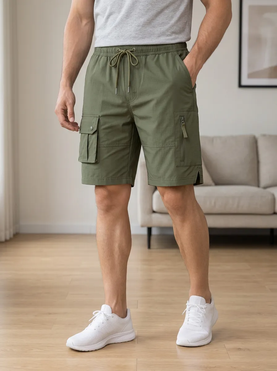 Men's Outdoor Tactical Olive Green Multi-Pocket Cargo Shorts
