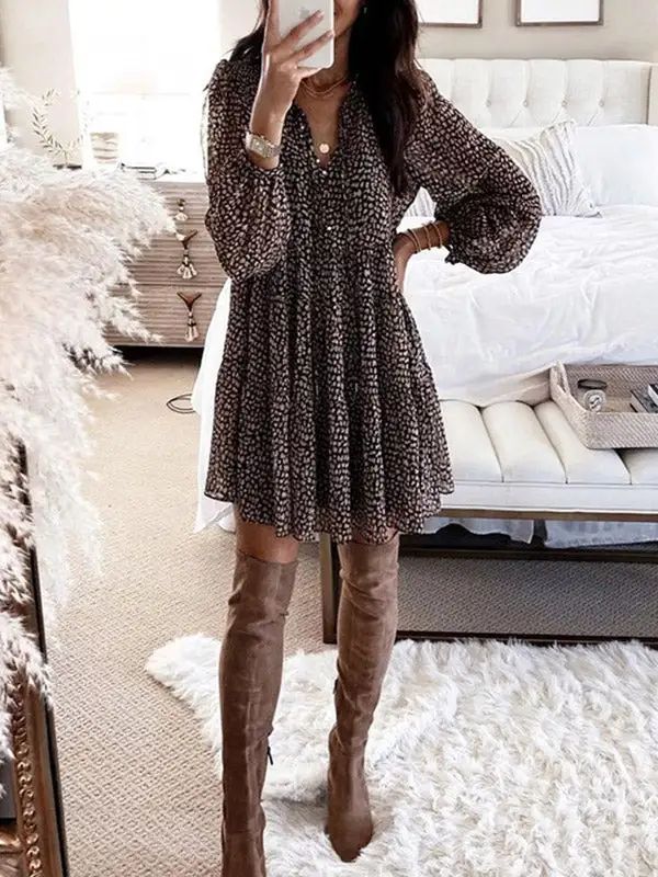 Long Sleeve Relaxed Buttoned Leopard Pleated V Neck Mini Dress