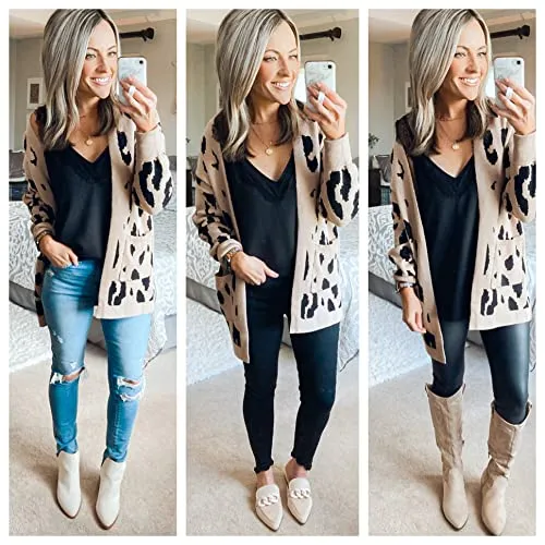 Women's Long Sleeves Open Front Leopard Print Knitted Sweater Cardigan Coat Outwear