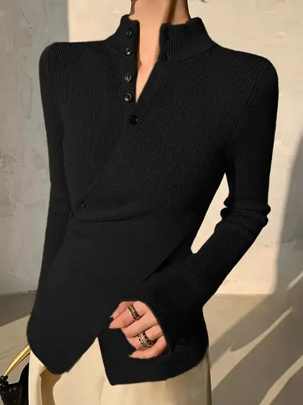 Asymmetric Split Front Paneled V-Neck Long Sleeve Sweater