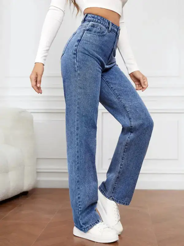 Refined High-Waist Washed Pocketed Straight Leg Jeans