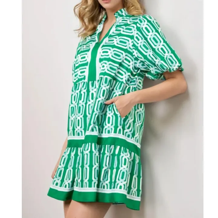 Abstract Patterned V Neck Puff Short Sleeve Mini Dress