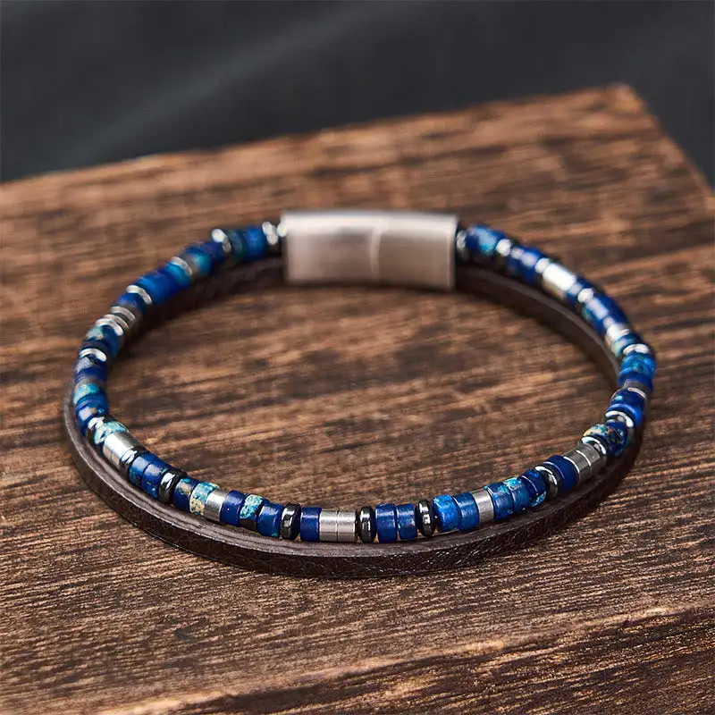 Lapis Lazuli Double Wrap Leather Bracelet