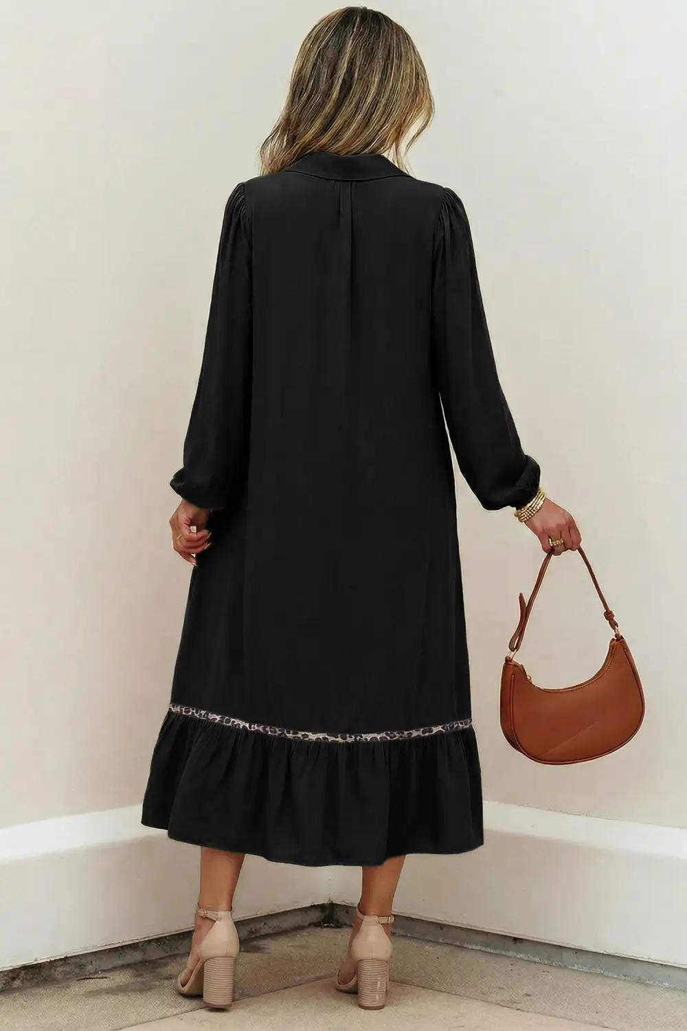 Collared V Neck Smocked Detail Contrast Leopard Trim Bracelet Sleeve Long Dress