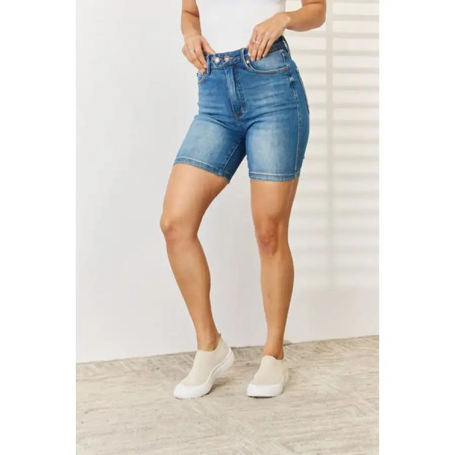Full Size Tummy Control Double Button Bermuda Denim Shorts