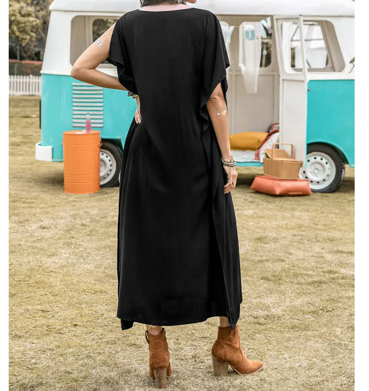 Contrast Trim Notched Slit Short Sleeve Midi Dress