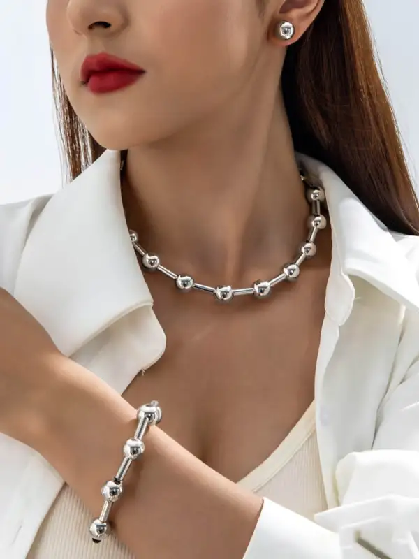 Modern Geometric Alloy Statement Necklace And Bracelet Set