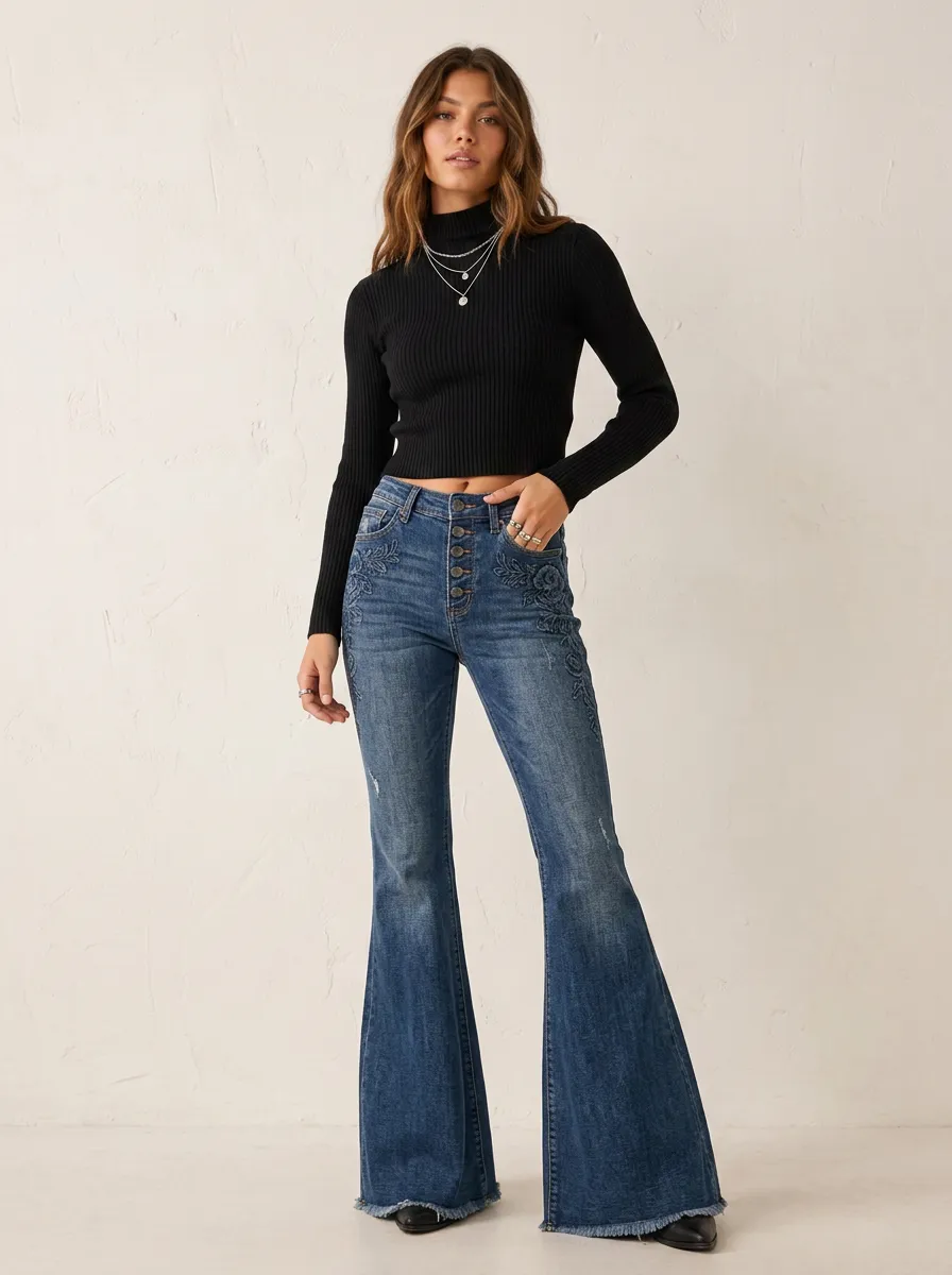 Women's Floral Embroidered High-Waisted Button-Fly Flare Jeans