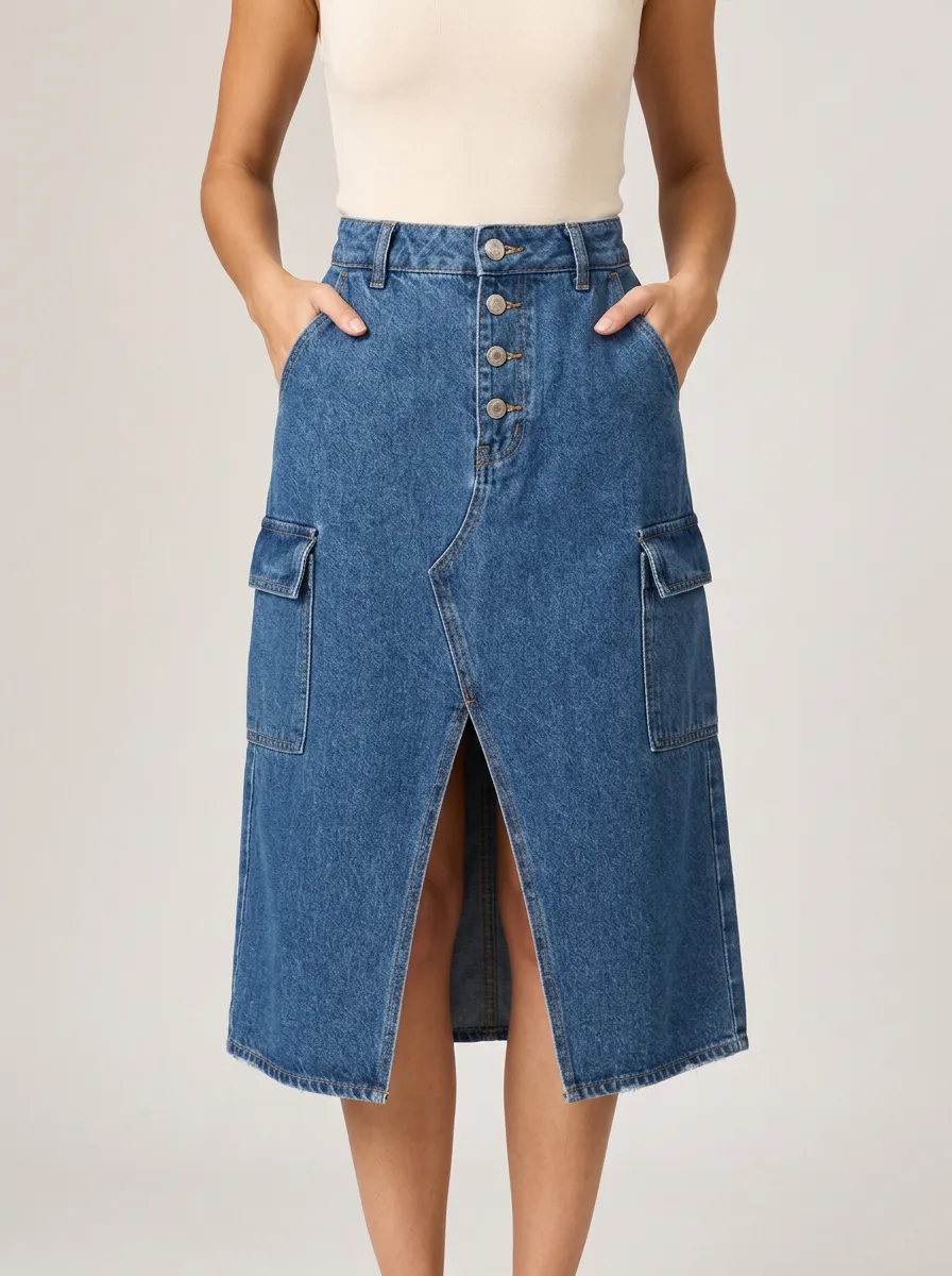 Women's Casual Streetwear Button Front Cargo Denim Midi Skirt
