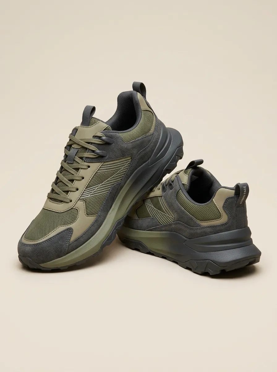 Adventure Hiking-Inspired Suede-Panel Mesh-Panel Casual Sneakers