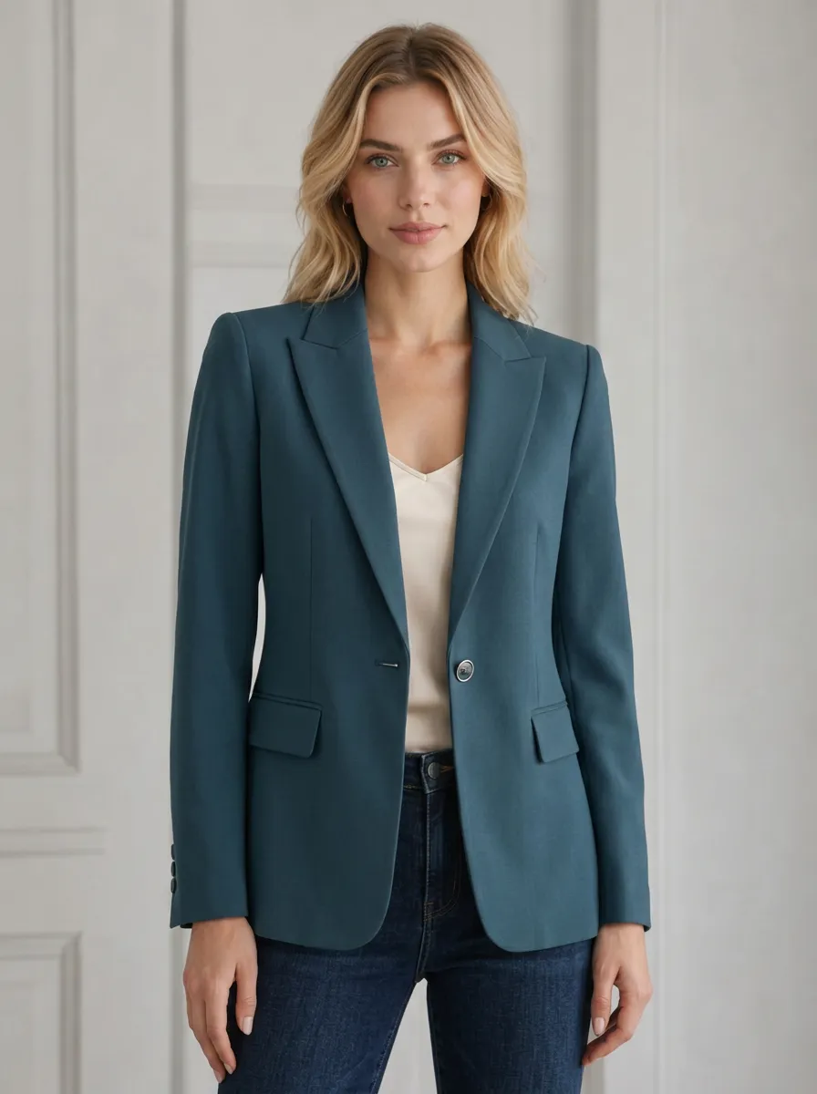 Women's Business Casual Teal Solid Color Tailored Blazer Jacket