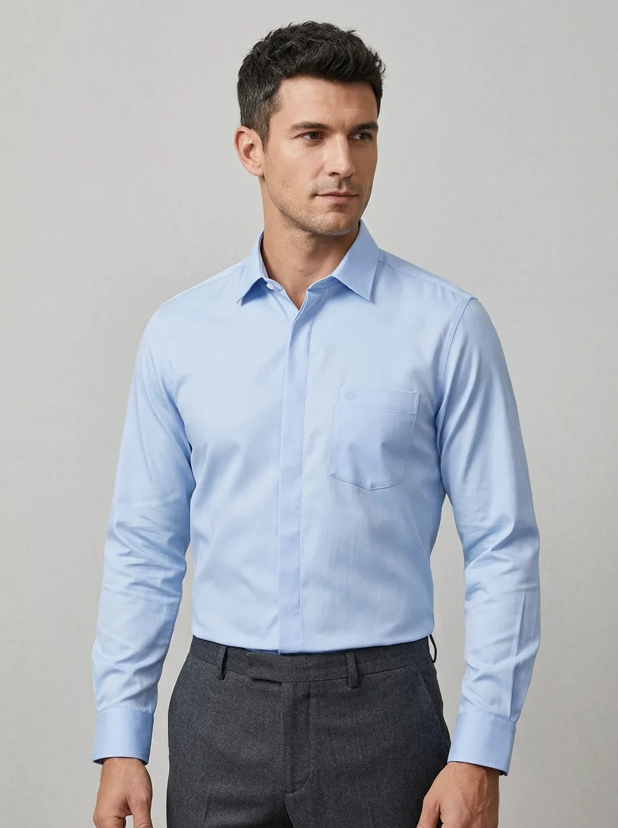 Men's Non-Iron Cotton Solid Light Blue Long Sleeve Dress Shirt