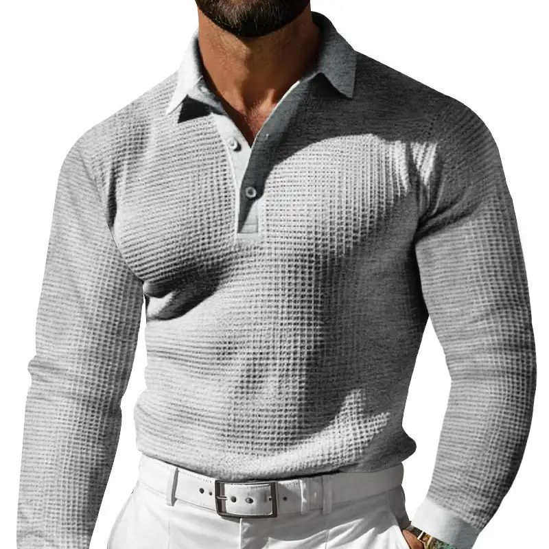 Waffle Texture Elastic Hem Long Sleeve Polo Shirt