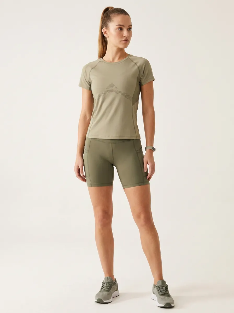 Women's Olive Green Seamless Mesh Pattern Printed Workout Set