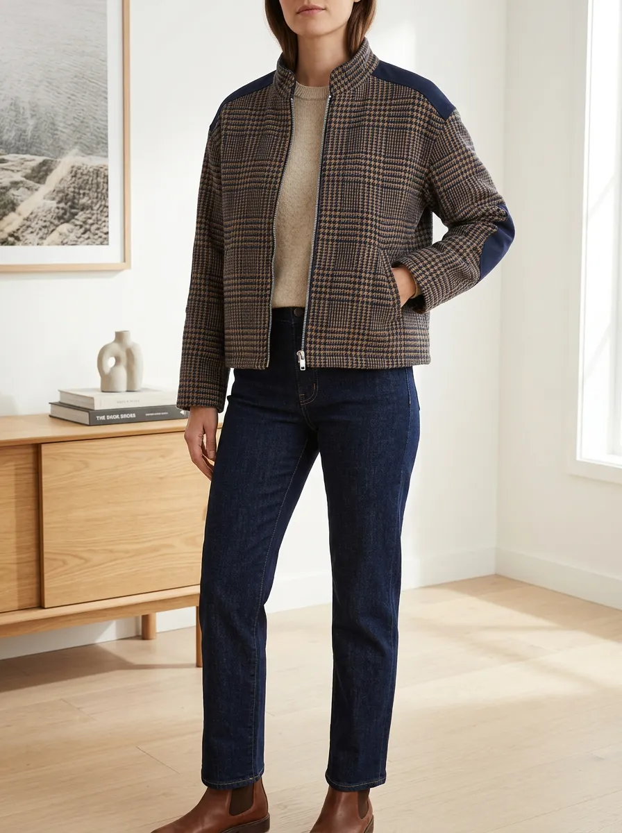 Women's Classic Plaid Plaid Stand Collar Cropped Jacket