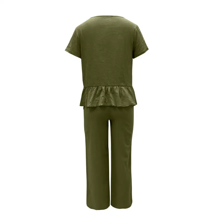 Peplum Round Neck Short Sleeve Top and Pants Set