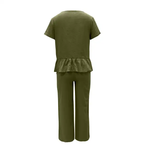 Peplum Round Neck Short Sleeve Top and Pants Set
