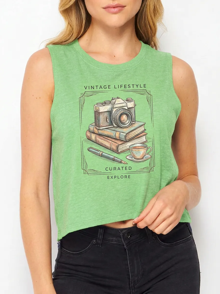 Women's Vintage Lifestyle Photography Books Printed Tank Top