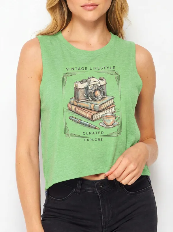 Women's Vintage Lifestyle Photography Books Printed Tank Top