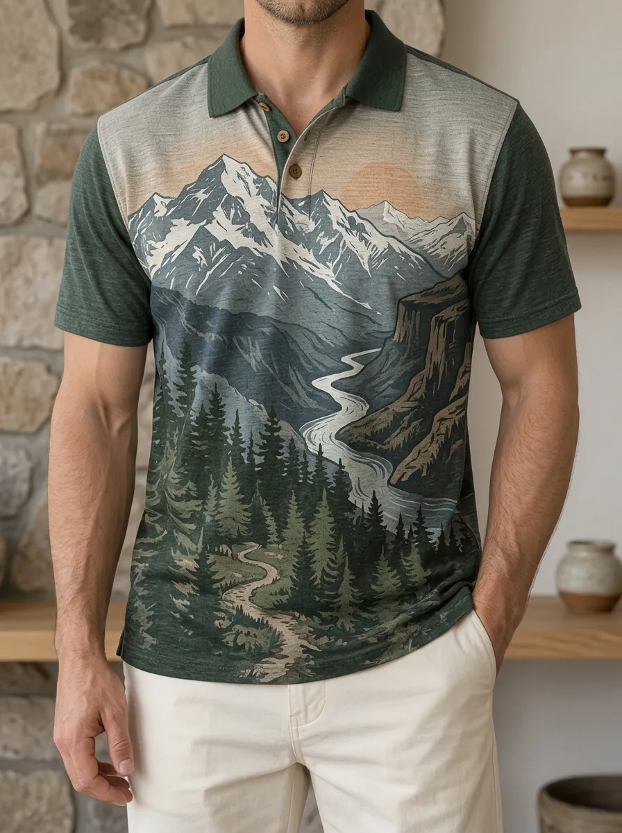 Men's Nature Lover Mountain River Forest Printed Polo Shirt Weekend Casual Style