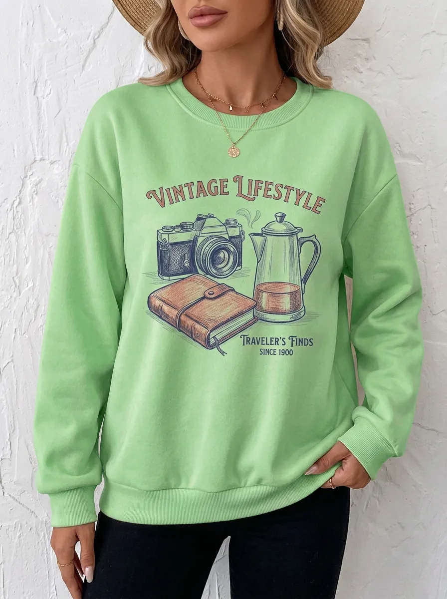Women's Vintage Traveler Camera Coffee Journal Printed Sweatshirt