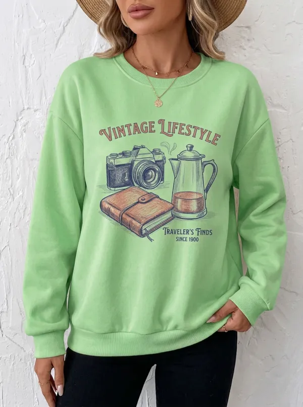 Women's Vintage Traveler Camera Coffee Journal Printed Sweatshirt