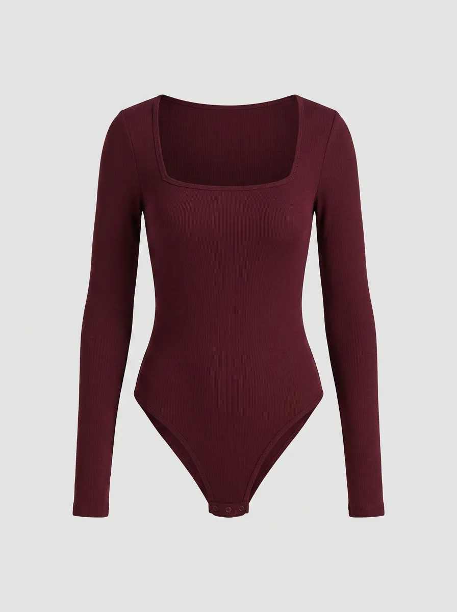 Women's Burgundy Ribbed Square Neck Long Sleeve Bodysuit