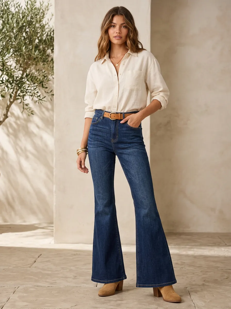 Women's Vintage Style High Waisted Dark Wash Flare Denim Pants