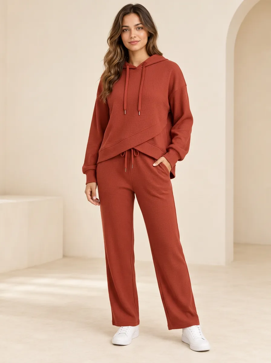 Women's Rust Waffle-Knit Crossover-Hem Hoodie and Straight-Leg Pant Set