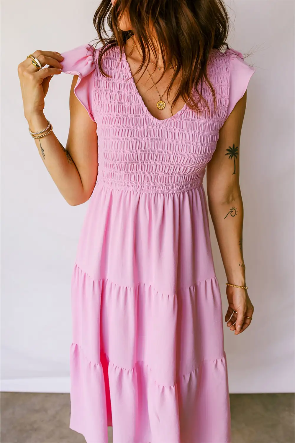 Flutter Sleeve Smocked Tiered Midi Dress