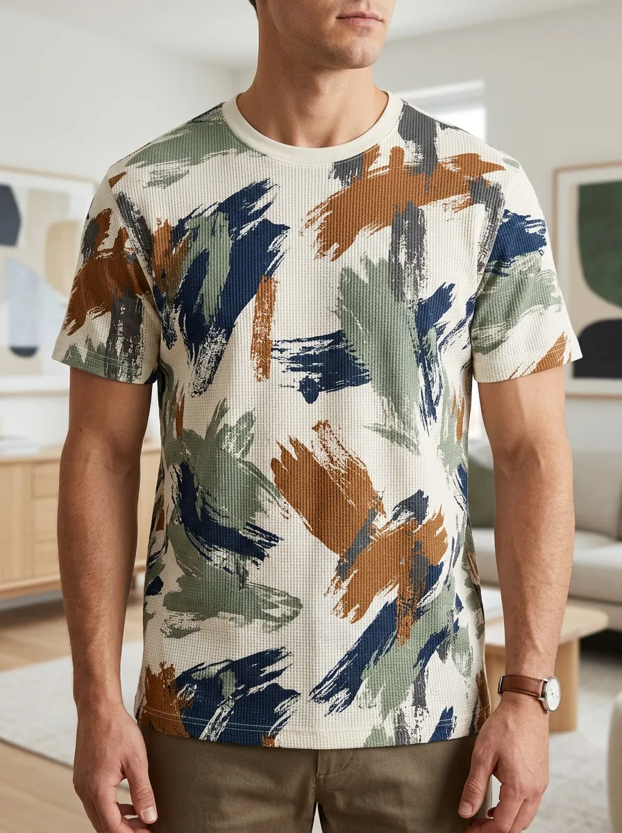 Men's Abstract Brushstroke Pattern Waffle Knit Modern Crew Neck T-Shirt
