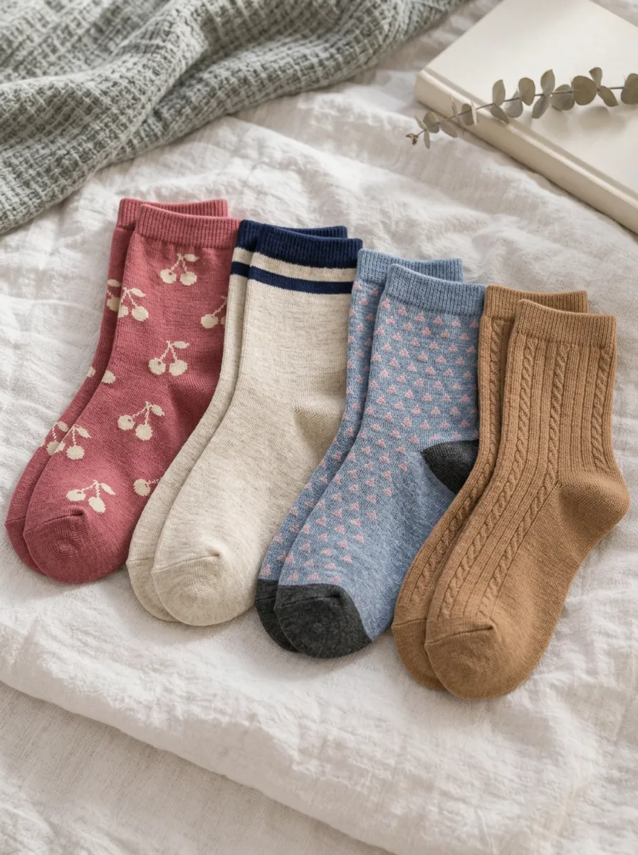 Women's Vintage Style Cherry Heart Cable Knit Printed Socks Set