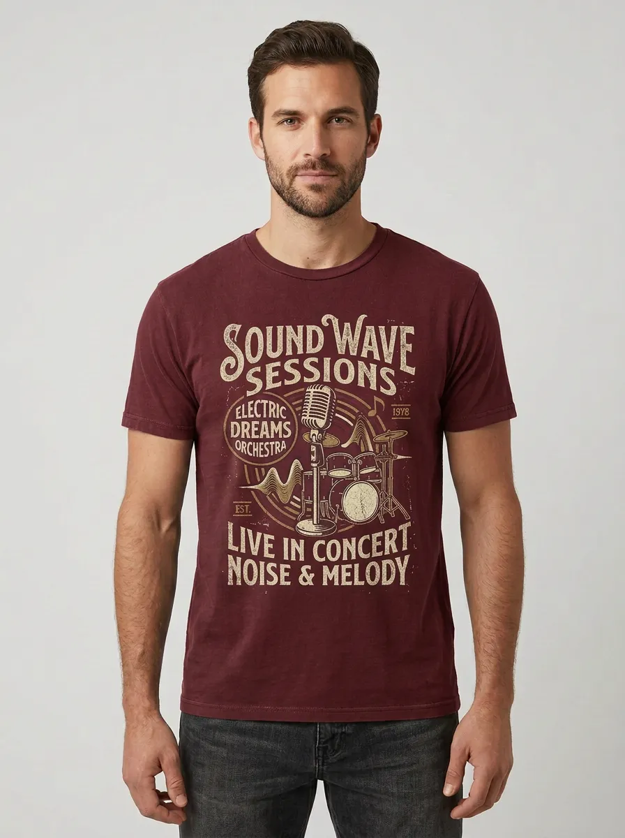 Men's Music Lover Sound Wave Drums Microphone Printed T-shirt