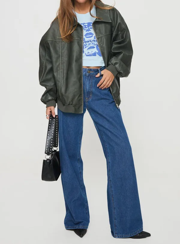 Loose Fit Faux Leather Bomber Jacket