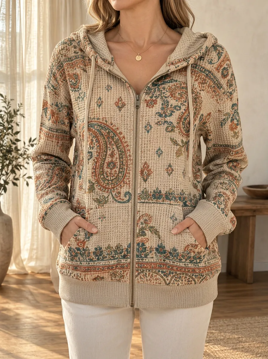 Women's Boho Paisley Signature Motif Waffle Zip-Up Hoodie