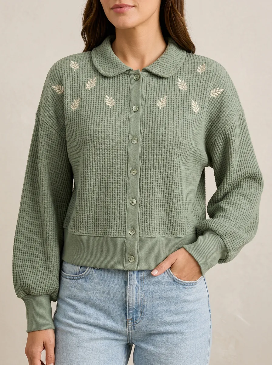 Women's Sage Green Leaf Embroidered Waffle Knit Button-Up Top