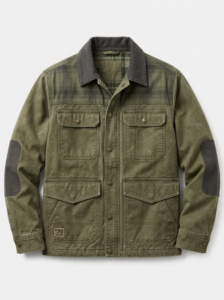 Men's Outdoor Casual Plaid Patchwork Corduroy Collar Utility Jacket