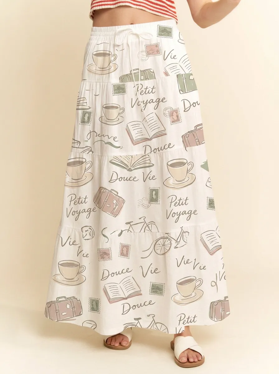 Women's Travel Lover Coffee Book Stamp Printed Maxi Skirt