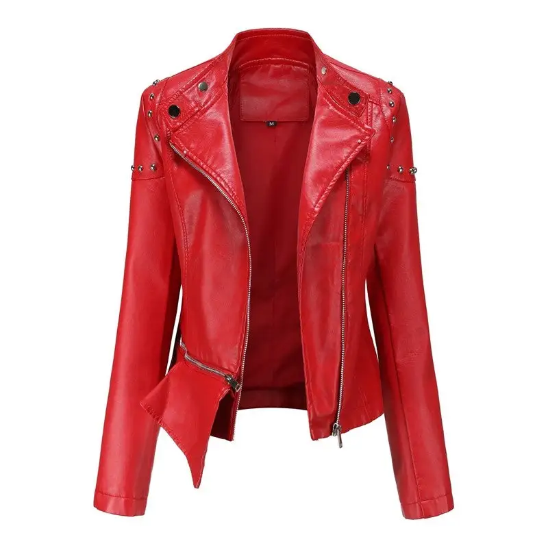Stand-Collar Rivet-Detail Zip-Front Faux-Leather Leather Casual Outerwear Jacket
