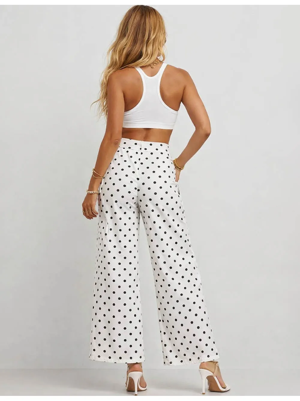 Polka Dot Button Front Pockets Wide Leg Denim Pants
