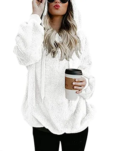 Women Casual Double Fuzzy Sweatshirt Faux Fleece Zip Pullover Hoodies Coat Outwear S-XXL