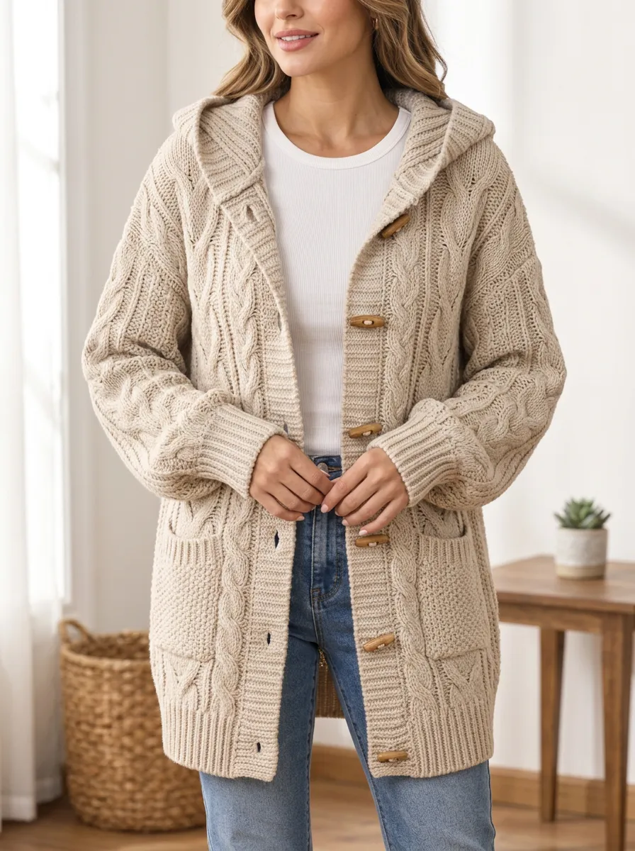 Women's Cable-Knit Toggle Patch-Pocket Drop-Shoulder Hooded Cardigan