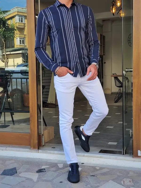 Clean Line Long Sleeve Slim Fit Striped Cotton Casual Shirt